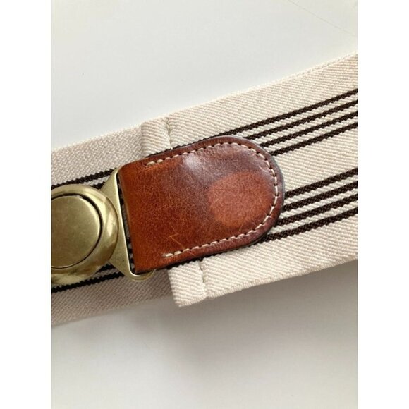 Vintage Brown Leather Beige Striped Stretch Canvas Brass Waist Belt, One Size - Picture 4 of 9